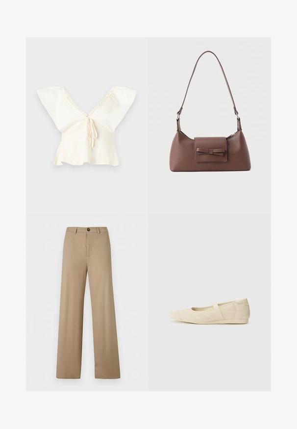 Blouse courte couleur blanc cassé avec larges manches évasées, encolure en V profonde et détail de lien à l'avant.; Pantalon beige taille haute, jambes larges, avec passants de ceinture et fermeture par un bouton unique à la taille.; Ballerines beiges avec une exterior en cuir lisse, un bout en forme d'amande et une sangle élastique sur le coup de pied, avec des détails de couture subtils.; Sac à bandoulière en cuir marron avec une poche à rabat avant ornée d'un détail en forme de nœud cousu et une sangle réglable.