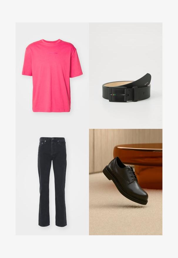 Kortærmet t-shirt med rund hals i lys pink bomuld med præget brandlogo i midten, der har en afslappet pasform og en glat tekstur.; Sorte denimjeans med lige ben-design, der har fem lommer og knappelukning. Stoffet har en subtil tekstur og en robust overflade.; Sort læder snøresko svæver over beige tæppe med en blank brun rundet genstand i baggrunden.; Paul Smith MEN BELT STRIPE BUCKLE - Bælter - black