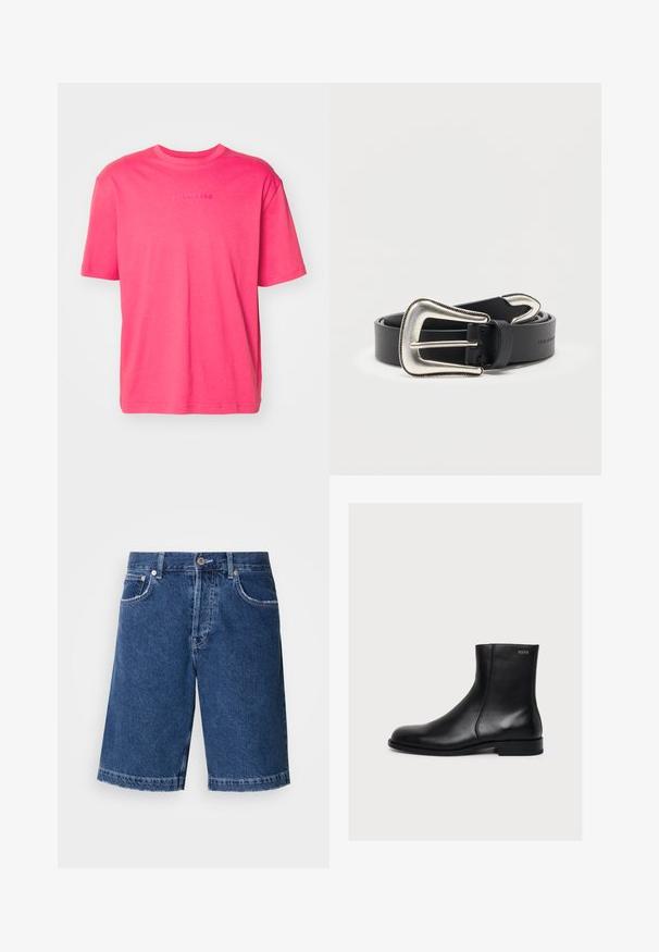 Kortærmet t-shirt med rund hals i lys pink bomuld med præget brandlogo i midten, der har en afslappet pasform og en glat tekstur.; Denim shorts i mørkeblå, med lige skæring, to forlommer og en klassisk knappelukning. Syet kant med let falmning.; Sort glat læderankelstøvle med lav hæl og sidelukning med lynlås, mærket Hugo nær den øverste kant.; Sort læderbælte med stort, sølvfarvet western-spænde og matcher sølv bæltespids, rullet sammen på hvid baggrund.