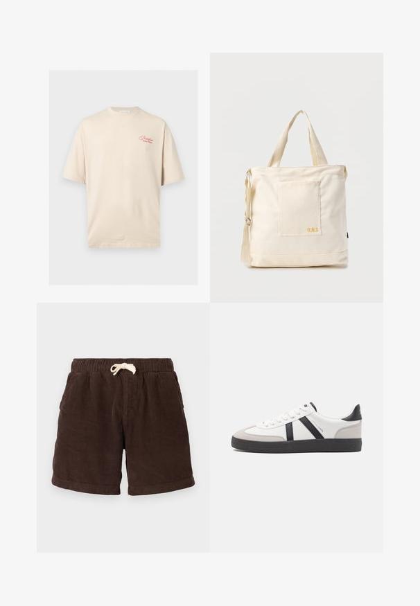 T-shirt beige à manches courtes avec texte rouge « Portofino Dolce Mare » sur la partie supérieure gauche de la poitrine, col rond et coupe décontractée.; Shorts en velours côtelé brun avec une taille élastique, une fermeture à cordon de serrage et des poches latérales. Le tissu présente un motif côtelé vertical et une finition texturée.; Baskets blanches avec des accents noirs et gris, présentant un embout texturé gris, une semelle en caoutchouc noir et des lacets plats blancs. Design épuré, style minimaliste.; Sac fourre-tout en toile crème avec poche avant, deux poignées, bandoulière réglable et petit texte jaune "O.N.S" en bas à droite de la poche.