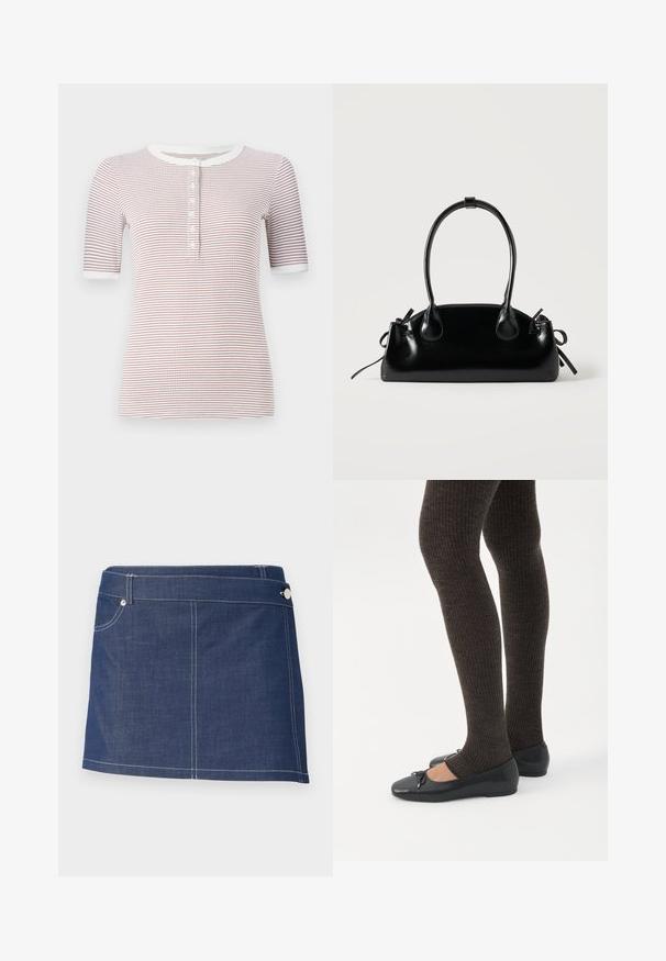 Gestreept kortmouwshirt met ronde hals, voorzien van knopen aan de voorkant en een zachte textuur in wit en bordeauxrood.; Denim mini-rok in donkerblauw met witte stiksels, voorzien van een enkele voorzak en een metalen knoopsluiting bij de tailleband.; Benen met donkere geribbelde leggings gecombineerd met zwarte ballerina's met kleine strikdetails op een witte achtergrond.; Kleine zwarte glanzende handtas met twee lange hengsels en zijkant trekkoord details op een effen lichte achtergrond.