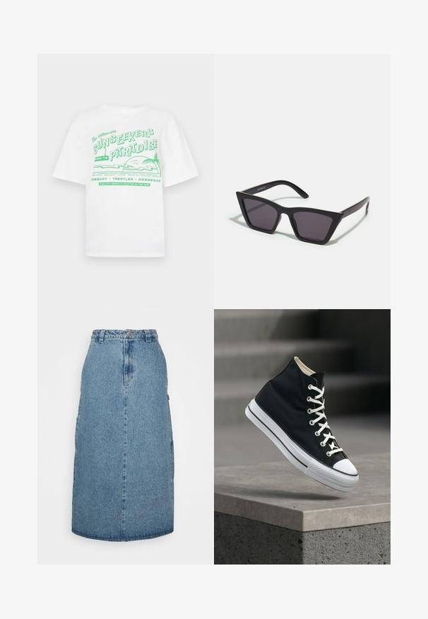 T-shirt blanc en coton à manches courtes, avec un texte graphique vert et des images d'île, comprenant des palmiers et un motif de coucher de soleil.; Obey Clothing JUNIPER MIDI SKIRT - Jupe trapèze - stonewash indigo; Baskets montantes noires avec lacets blancs et semelle en caoutchouc, en équilibre sur le bord d'une plateforme en béton gris.; Lunettes noires angulaires avec des verres gris ; fabriquées en plastique, avec des branches épaisses à la surface lisse et sans matériel visible.