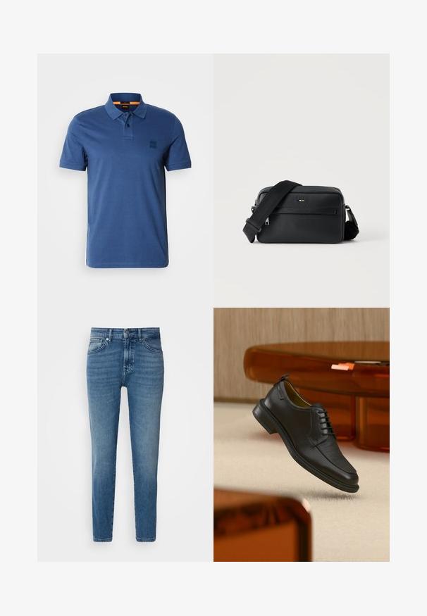 Tumesinine polo särg, mis on valmistatud puuvillast, klassikalise kraega, kolme nupuga kinnitusega ja väikese logoga patchiga rinnal.; Heledad hall sinine teksapüksid, otse lõikega, traditsioonilise viie taskuga disain, metallist nööp sulgemiseks ja esiküljel kerge tuhmumine.; Mustast nahast pitsidega kleitking tekstureeritud esiosaga, hõljumas beeži vaiba kohal moodsas toas, millel on merevaigutoonilised mööbliesemed.; Mustast tekstuuriga nahast ristkere kott esiküljel lukuga tasku ja reguleeritava laia kangast õlarihmaga valgel taustal.