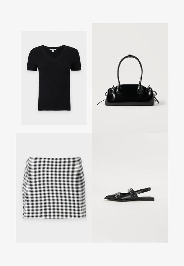 Haut court noir côtelé à manches courtes avec col en V, en tissu extensible, présenté à plat sur fond blanc.; Mini-jupe à motif damier noir et blanc avec un ourlet droit sur un fond clair uni.; Even&Odd by Zalando Ballerines à brides arrière - black; Petit sac à main noir brillant avec deux longues anses et des détails à cordon sur les côtés sur un fond clair uni.