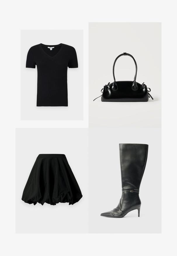 Haut court noir côtelé à manches courtes avec col en V, en tissu extensible, présenté à plat sur fond blanc.; Jupe patineuse noire avec une taille cintrée et une forme évasée et fluide. Fabriquée en matériau léger, avec une texture lisse et un design fluide.; Bottes noires en cuir montant jusqu'au genou, avec un talon fin, un bout pointu et des détails de lanière à la cheville. Texture lisse et design ajusté.; Petit sac à main noir brillant avec deux longues anses et des détails à cordon sur les côtés sur un fond clair uni.