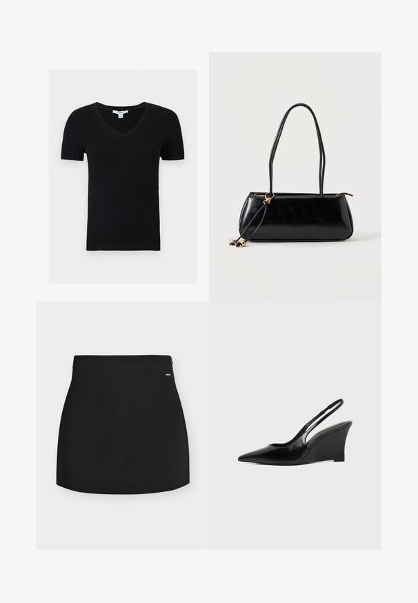 Haut court noir côtelé à manches courtes avec col en V, en tissu extensible, présenté à plat sur fond blanc.; Mini-jupe droite noire avec une petite fermeture éclair latérale et une étiquette logo discrète sur la ceinture, sur fond blanc.; Chaussure compensée en cuir noir à bout pointu et bride arrière avec talon haut et fine sangle sur le talon, vue de profil.; Sac à main rectangulaire noir avec deux longues bandoulières, détail anneau doré et fermeture éclair sur un fond clair uni.