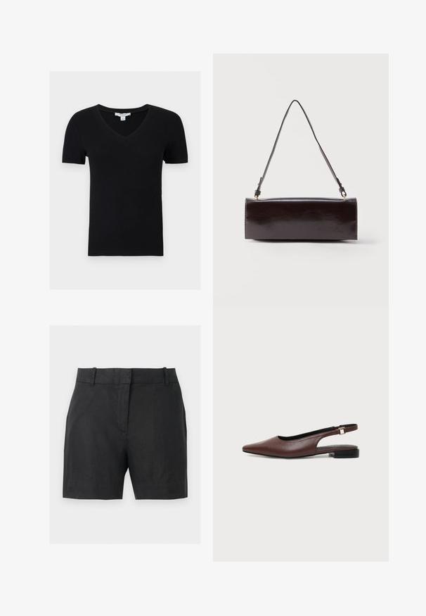 Haut court noir côtelé à manches courtes avec col en V, en tissu extensible, présenté à plat sur fond blanc.; Short noir taille haute, ajusté, avec passants de ceinture, fermeture éclair cachée à l'avant et un design épuré et minimaliste sur fond blanc.; Ballerine à bride arrière en cuir marron à bout pointu avec petit talon noir et boucle dorée sur fond blanc.; Sac à main rectangulaire en cuir noir avec une longue bandoulière unique et une finition brillante, présenté sur un fond blanc uni.