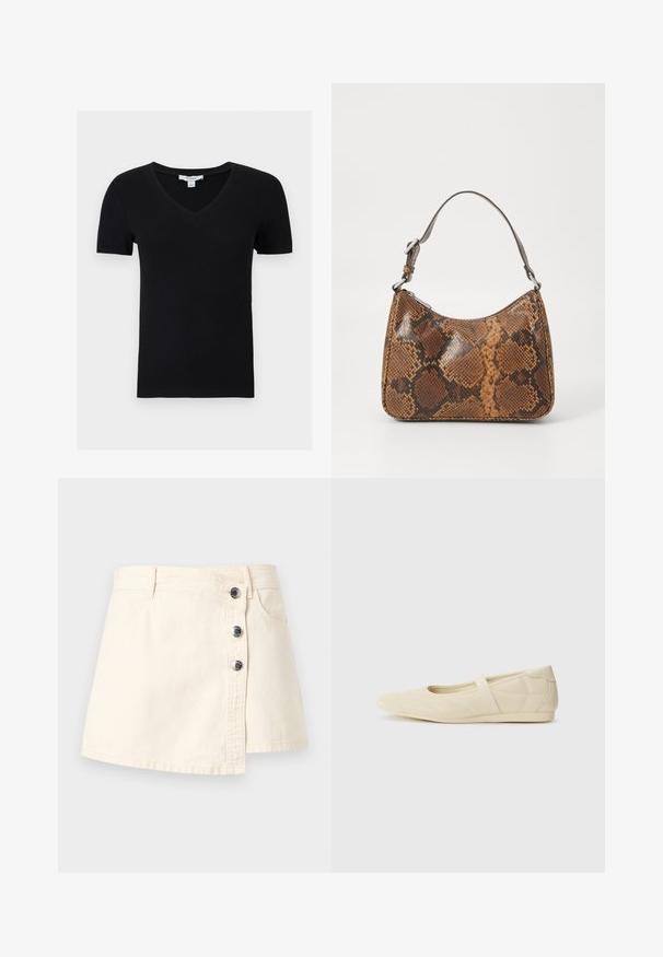 Haut court noir côtelé à manches courtes avec col en V, en tissu extensible, présenté à plat sur fond blanc.; Mini-jupe en denim couleur crème avec fermeture asymétrique à boutons, passants de ceinture et poches avant.; Ballerines beiges avec une exterior en cuir lisse, un bout en forme d'amande et une sangle élastique sur le coup de pied, avec des détails de couture subtils.; Petit sac à main avec un motif en peau de serpent marron et noir, courroie courte et ajustable, et fermeture éclair.