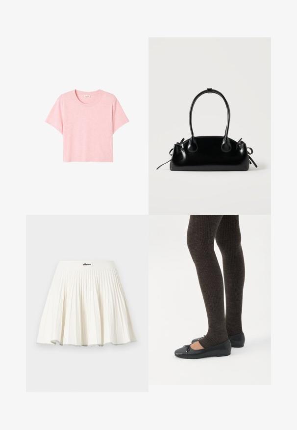 Roze T-shirt met korte mouwen van zacht materiaal, met een ronde halslijn en een losse fit met een subtiele gemêleerde textuur.; Witte geplooide tennisrok met een brede tailleband voorzien van een klein ellesse-logo aan de voorkant in het midden.; Benen met donkere geribbelde leggings gecombineerd met zwarte ballerina's met kleine strikdetails op een witte achtergrond.; Kleine zwarte glanzende handtas met twee lange hengsels en zijkant trekkoord details op een effen lichte achtergrond.