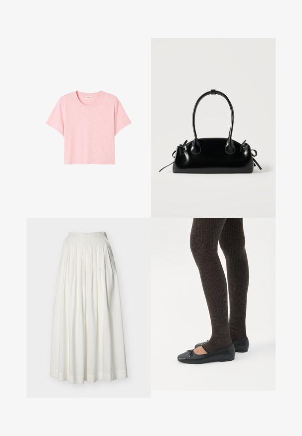Roze T-shirt met korte mouwen van zacht materiaal, met een ronde halslijn en een losse fit met een subtiele gemêleerde textuur.; Lange witte geplooide rok met aangesloten tailleband en brede zoom, getoond op een effen achtergrond.; Benen met donkere geribbelde leggings gecombineerd met zwarte ballerina's met kleine strikdetails op een witte achtergrond.; Kleine zwarte glanzende handtas met twee lange hengsels en zijkant trekkoord details op een effen lichte achtergrond.