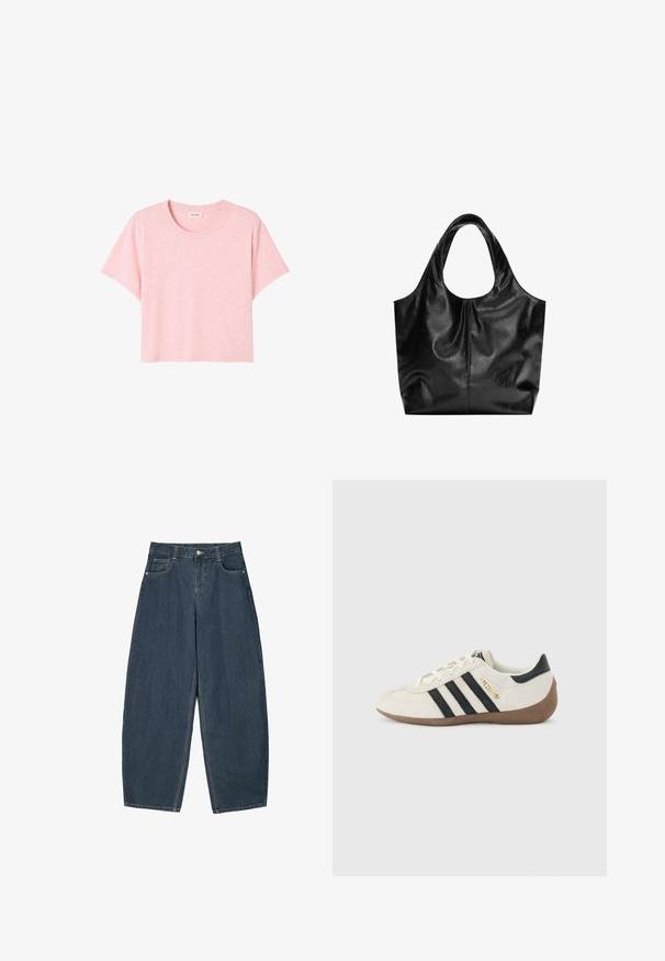 Rosa, kortærmet T-shirt lavet af blødt stof, med rund halsudskæring og en løs pasform med en subtil meleret struktur.; Mørkeblå denim buede bukser med høj talje, som har fem lommer og synlige stingdetaljer. Ren, minimalistik design.; Hvid Adidas-sneaker med sorte striber, brun tekstureret sål og "SPEZIAL" i guldbogstaver på siden, set fra ydersiden.; Sort læder tote taske med en glat overflade, en blød, afrundet top og brede håndtag. Har minimal syning og en afslappet silhuet.
