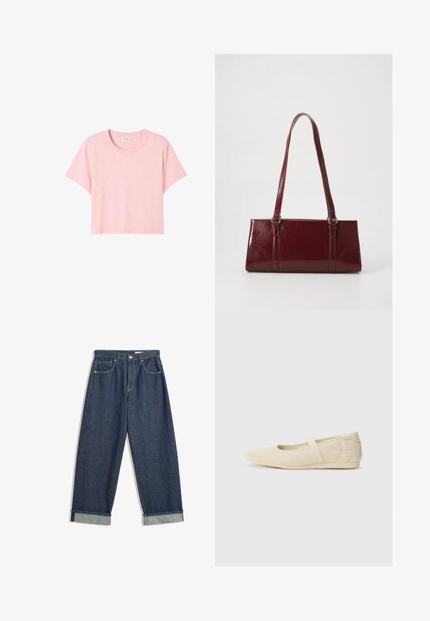 Rosa, kortærmet T-shirt lavet af blødt stof, med rund halsudskæring og en løs pasform med en subtil meleret struktur.; Mørkeblå, vide denimbukser med foldede manchetter, frontknap og lynlås, bæltestropper og fem lommer.; Lysebrune ballet flats med en glat læderoverflade, mandelformet tå og elastisk rem over vristen, med diskrete syninger.; Bordeaux håndtaske lavet af glansfuldt materiale, rektangulær form, med to skulderremme og subtile buede detaljer på forsiden.
