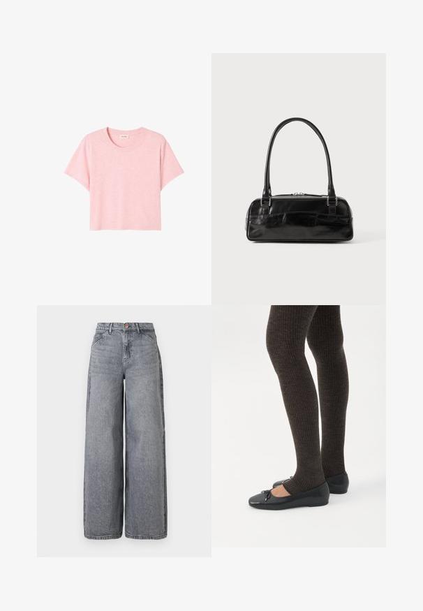 Camiseta rosa de manga corta hecha de una tela suave, con un escote redondo y un corte holgado con una ligera textura jaspeada.; Jeans de denim de pierna ancha en un lavado gris desgastado, con cinco bolsillos, cierre de botón y una textura suave con sutiles detalles de desgaste.; Piernas con leggings oscuros acanalados combinados con bailarinas negras que presentan pequeños detalles de lazo sobre un fondo blanco.; Bolso de mano de cuero negro con forma rectangular, equipado con un asa estructurada, herrajes en plata y cierre de cremallera. Textura suave.