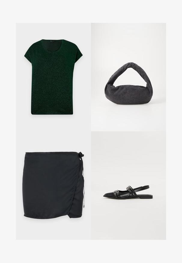 Parte superior corta de manga corta en verde oscuro con brillo, con escote redondo y ajuste relajado sobre un fondo liso.; Falda de baño negra con diseño envolvente, hecha de tejido ligero. Cuenta con un cierre lateral con lazo y una textura suave.; Even&Odd by Zalando Bailarinas con tira trasera - black; Bolsa de tela gris oscuro con un asa curva, textura suave y forma redondeada. Sin hardware ni adornos visibles.