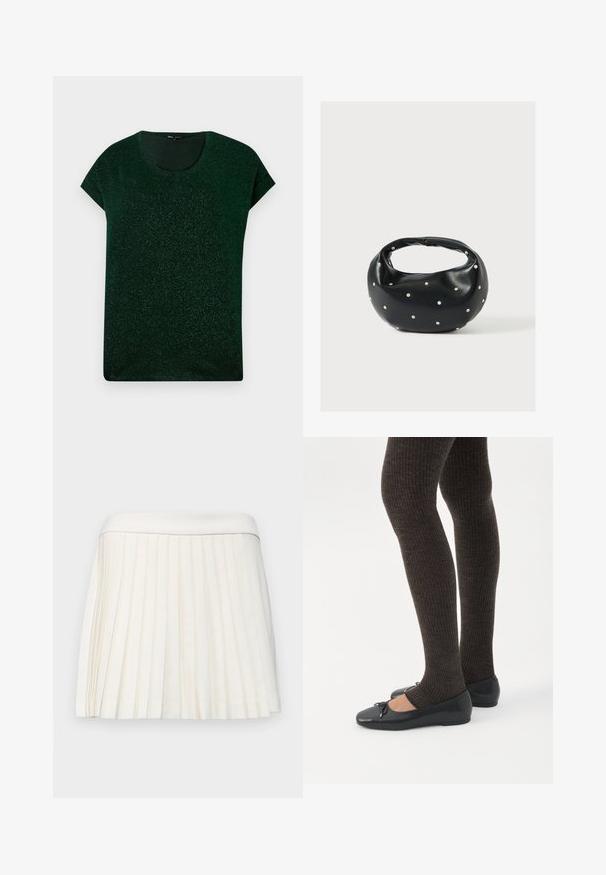 Parte superior corta de manga corta en verde oscuro con brillo, con escote redondo y ajuste relajado sobre un fondo liso.; Falda blanca plisada con una cinturilla suave, hecha de una tela ligera. Los pliegues crean textura y dimensión en toda la prenda.; Piernas con leggings oscuros acanalados combinados con bailarinas negras que presentan pequeños detalles de lazo sobre un fondo blanco.; Bolso de mano de cuero negro con forma redondeada, decorado con detalles de tachuelas plateadas y un asa corta. Textura lisa y cierre con cremallera.