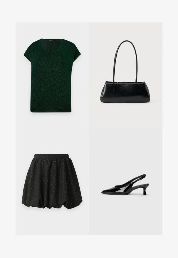 Parte superior corta de manga corta en verde oscuro con brillo, con escote redondo y ajuste relajado sobre un fondo liso.; Falda burbuja negra con cintura elástica y patrón de lunares blancos. Fabricada en una tela ligera, cuenta con un diseño voluminoso y dobladillo curvado.; Zapatos de charol negro tipo slingback con punta afilada y tacón bajo. Correa ajustable con hebilla en el tobillo.; Bolso de hombro rectangular negro con correas largas y delgadas y una textura lisa y brillante sobre un fondo liso.