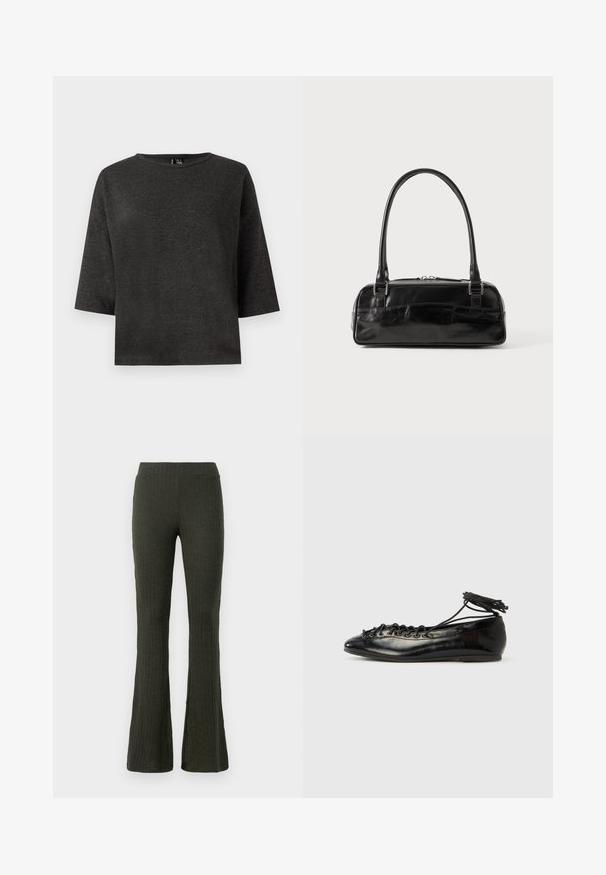 Top corto de color gris oscuro, confeccionado en una tela suave. Presenta un escote redondo y una forma sencilla y rectangulosa, sin adornos ni patrones.; Pantalones acampanados de canalé en verde oscuro, fabricados en tejido suave, con una cintura ajustada y un diseño texturizado que se extiende por las piernas.; Zapatos planos tipo ballet de charol negro con punta redondeada, diseño con cordones y suela plana. Textura lisa con detalles mínimos.; Bolso de mano de cuero negro con forma rectangular, equipado con un asa estructurada, herrajes en plata y cierre de cremallera. Textura suave.