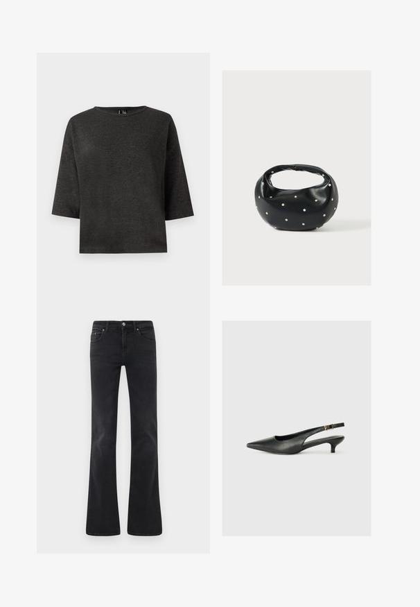 Mørkegrå, kortærmet top lavet af blødt stof. Har en rund halsudskæring og en enkel, kasseformet silhuet uden pynt eller mønstre.; Sorte flagrende jeans lavet af denim, med et klassisk fem-lomme design, knaplukning og subtile sømdetaljer.; Sorte spidse slingback-sko lavet af glat læder. Har en tynd hæl og en spænde detalje på den justerbare rem.; Sort læderhåndtaske med en rundet form, dekoreret med sølvnitter, og et kort håndtag. Glat tekstur og lynlåslukning.