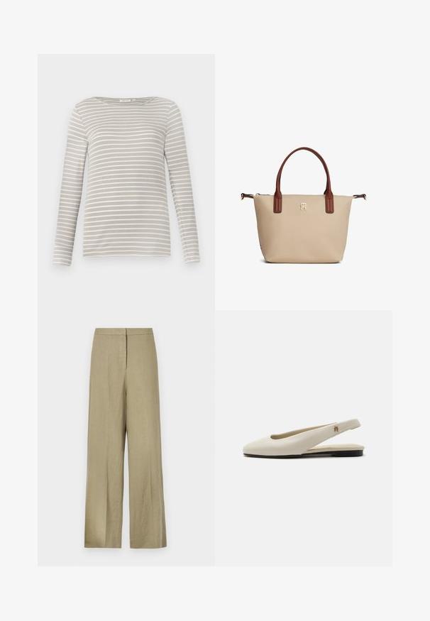 TOM TAILOR STRIPED BOAT NECK - Langærmet T-shirt - taupe/offwhite; Lys grønne, vide bukser lavet af linned. Har en høj talje og et rent fordesign med en enkelt plissé.; Flatsko i cremefarvet læder med rundet tå og lille guldemblem på remmen.; Beige mulepose med brune håndtag, lille guldlogo centreret under håndtagene og lynlås lukning øverst.