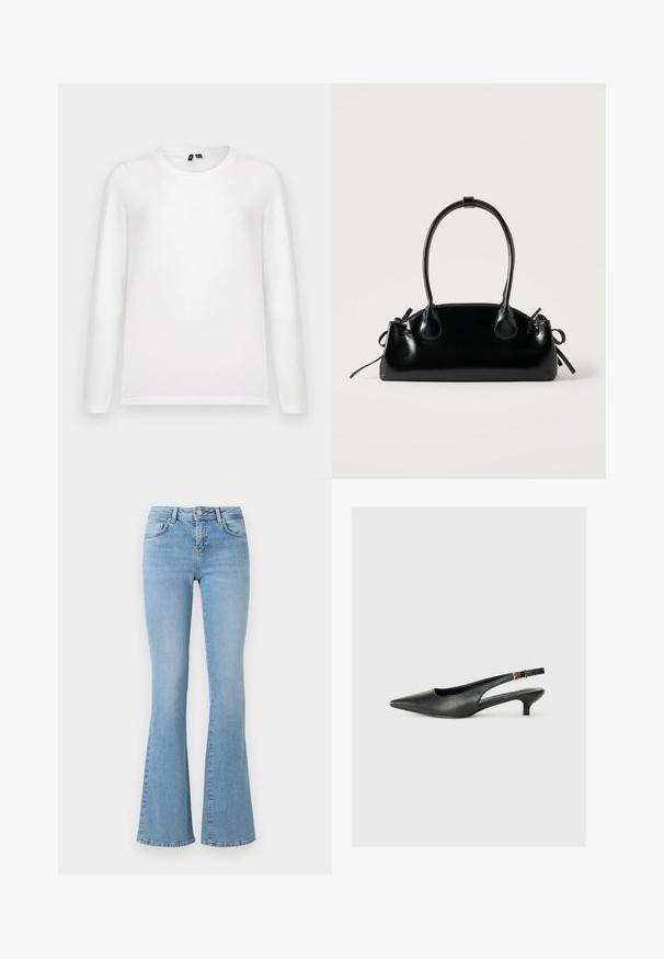 Lys grå baggrund med en liggende hvid langærmet t-shirt med rund hals og synlige mærker ved kraven.; Lysblå løse jeans med høj talje, lavet af denim. Har fem lommer og en knaplukning. Glat tekstur med let falmning.; Sorte spidse slingback-sko lavet af glat læder. Har en tynd hæl og en spænde detalje på den justerbare rem.; Lille sort blank håndtaske med to lange håndtag og snøre-detaljer i siden på en ensfarvet lys baggrund.