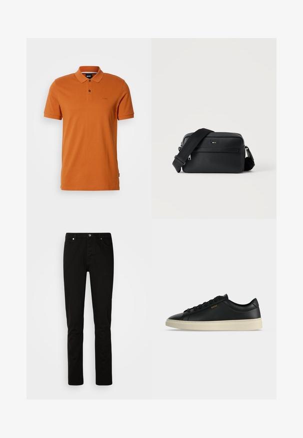 Polo à manches courtes couleur rouille avec deux boutons, col et logo brodé "BOSS" discret sur la poitrine gauche.; Jeans noirs à jambe droite avec fermeture devant par bouton et fermeture éclair, poches avant et arrière, présentés sur un fond clair uni.; Baskets basses en cuir noir avec semelle blanche, lacets noirs et petit logo BOSS doré sur le côté.; Sac bandoulière en cuir noir texturé avec poche avant zippée et bandoulière large en tissu réglable sur fond blanc.