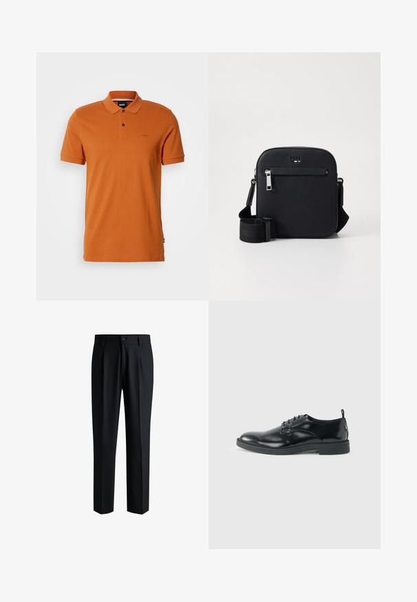 Polo à manches courtes couleur rouille avec deux boutons, col et logo brodé "BOSS" discret sur la poitrine gauche.; Pantalons noirs en tissu lisse, avec une coupe droite, des plis à l'avant et une fermeture à bouton avec passants de ceinture.; Chaussure habillée en cuir noir brillant avec un petit talon, fermeture à lacets et bout rond, vue de côté sur un fond uni et clair.; Sac bandoulière en cuir noir avec une texture lisse, doté d'une poche zippée à l'avant, d'une sangle réglable et d'un design carré élégant.
