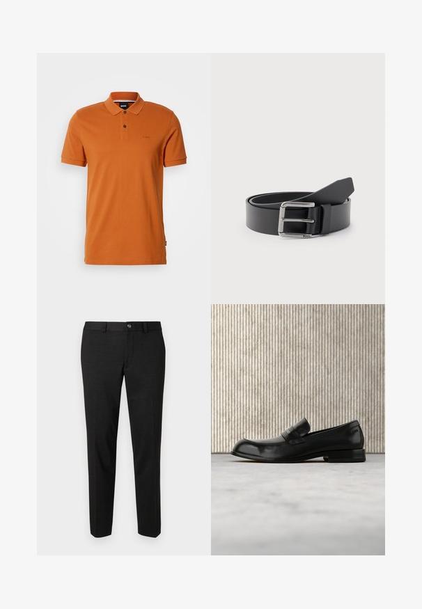 Polo à manches courtes couleur rouille avec deux boutons, col et logo brodé "BOSS" discret sur la poitrine gauche.; Pantalon noir en tissu lisse. Ils présentent une coupe droite, un devant plat et une fermeture à bouton avec un design de taille simple.; Mocassin en cuir noir avec un accent métallique, présenté en lévitation au-dessus d'un tapis beige, avec une table ronde de couleur ambre en arrière-plan.; Ceinture en cuir noir enroulée avec une boucle métallique rectangulaire argentée gravée "BOSS" sur un fond gris clair.