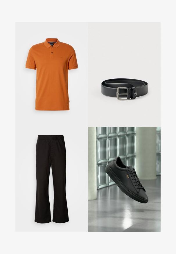 Rust orange kortærmet polo skjorte med to knapper, krave og subtilt broderet "BOSS" logo på venstre bryst.; Sorte bukser med elastisk talje og n tapered form, lavet af glat bomuldsstof. Har et enkelt design og lige benåbninger.; Sort lavtopet lædersneaker med sorte snørebånd og gyldent BOSS-logo på siden, svævende over en blank grå gulv i et moderne indendørs rum.; Sort læderbælte med en skinnende sølvfarvet metalspænde, glat tekstur og syninger langs kanterne. Har en løkke til at sikre bæltets ende.