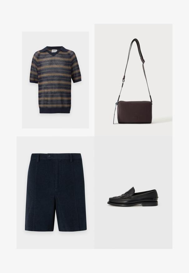 Polo en maille à manches courtes avec des rayures horizontales bleu marine et beige, bord côte à l'ourlet et aux poignets, avec un motif ajouré ressemblant à une maille filet.; Short bleu marine taillé avec passants de ceinture, fermeture à boutons devant et ourlet droit sur un fond uni.; Mocassin en cuir noir avec un détail tissé à l'avant, bout arrondi et petit talon. Texture lisse et design minimaliste.; Sac bandoulière en cuir marron foncé texturé avec une sangle réglable et un petit accent décoratif bleu sur le côté.