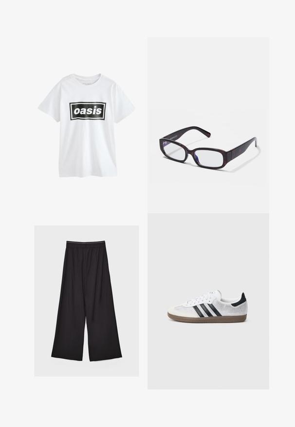 T-shirt blanc à manches courtes avec un encadré rectangulaire noir contenant le mot "oasis" en lettres blanches en gras centré sur le devant.; Pantalon noir à jambes larges avec taille élastique et plis subtils, présenté à plat sur un fond clair.; Baskets en mesh blanc avec des rayures noires, un embout en daim beige et un accent sur le talon, semelle en caoutchouc texturée, et lacets blancs. Design classique à tige basse.; Lunettes rectangulaires en écaille de tortue brune avec des verres transparents et des branches épurées, présentant une texture lisse et un design minimaliste.