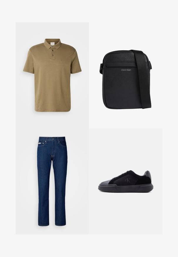 Olivgrünes Poloshirt aus weichem Material, mit klassischem Kragen, drei Knöpfen und einem kleinen, auf der Brust gestickten Logo.; Dunkelblaue Jeans aus Denim mit geradem Bein Design, mit einem Reißverschluss und Knopfverschluss, fünf Taschen und dezenten Nähten.; Schwarzer Sneaker in Low-Top-Design mit dicker Sohle, Schnürverschluss vorne und dezente "cK"-Logo auf der Seitenpaneele.; Schwarze Calvin Klein Crossbody-Tasche mit strukturierter Oberfläche und verstellbarem Schulterriemen.
