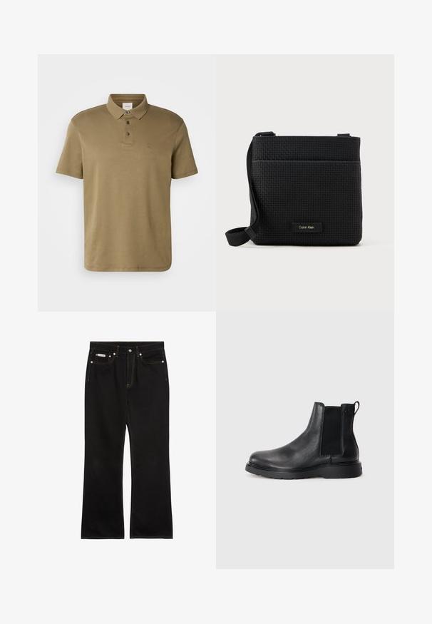 Olijfgroen poloshirt gemaakt van zachte stof, met een klassieke kraag, drie knopen en een klein geborduurd logo op de borst.; Zwarte jeans met rechte pijpen, oranje stiksels, vijf zakken, knoopsluiting en een klein Calvin Klein-label op de voorste rechterzak.; Zwarte leren Chelsea boots met een gestructureerde afwerking, elastische zijpanelen en een stevige rubberen zool. Subtiele branding op de hiel.; Zwarte geweven schoudertas met een verstelbare schouderband, voorzien van een voorzak en een klein merkembleem. Glad, getextureerd oppervlak.
