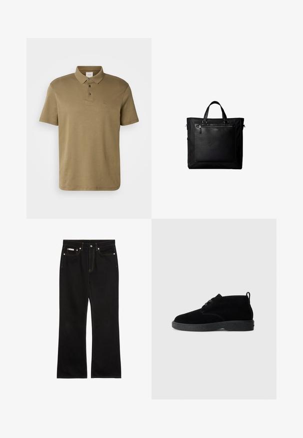 Olivgrünes Poloshirt aus weichem Material, mit klassischem Kragen, drei Knöpfen und einem kleinen, auf der Brust gestickten Logo.; Schwarze Jeans mit geradem Bein, oranger Naht, fünf Taschen, Knopfverschluss und kleinem Calvin Klein-Label auf der vorderen rechten Tasche.; Schwarze Wildleder-Stiefeletten mit runder Zehenpartie, Schnürdesign, schwarzem Gummisohle und einem Zugband an der Rückseite für einfaches An- und Ausziehen.; Schwarze Tragetasche mit Doppelgriffen, großer vorderer Ledertasche mit Reißverschluss und dezentem Calvin Klein-Logo in der Mitte der Tasche.