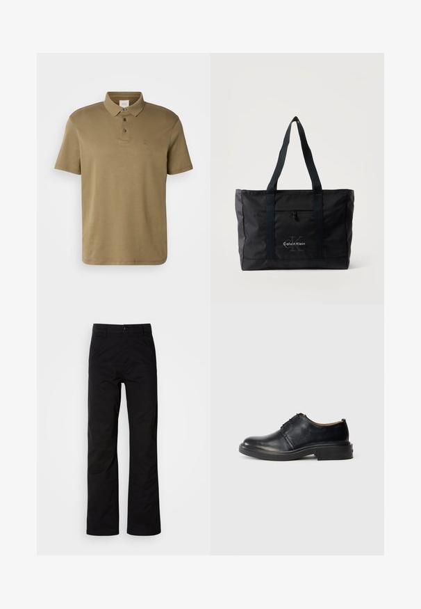 Polo shirt vert olive en tissu doux, avec un col classique, trois boutons et un petit logo brodé sur la poitrine.; Pantalons en coton noir avec une coupe droite, dotés d'une fermeture à bouton et de passants de ceinture. Texture lisse et style minimaliste sans motifs visibles.; Chaussure oxford en cuir noir avec un bout rond, un laçage à l'avant et un petit talon empilé, sur fond clair.; Sac cabas noir Calvin Klein avec deux longues anses, poche zippée à l'avant et logo imprimé au centre devant.