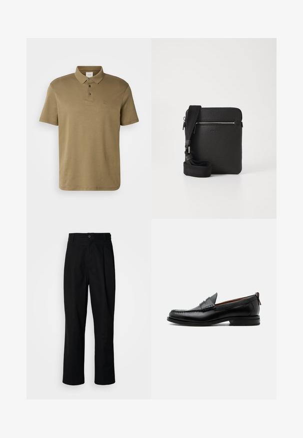 Olivgrünes Poloshirt aus weichem Material, mit klassischem Kragen, drei Knöpfen und einem kleinen, auf der Brust gestickten Logo.; Schwarze gerade geschnittene Hosen mit einem Knopfverschluss, Gürtelschlaufen und Vorderfalten, vor einem schlichten weißen Hintergrund präsentiert.; Schwarzer Leder-Herrenschuh mit Mokassinnaht, Penny-Riemen, strukturiertem Kragen und niedrigem gestapeltem Absatz auf weißem Hintergrund.; Schwarze Leder-Umhängetasche mit strukturierten Oberflächen, einem Reißverschluss-Frontfach und einem verstellbaren Stoffgurt. Einfaches quadratisches Design.