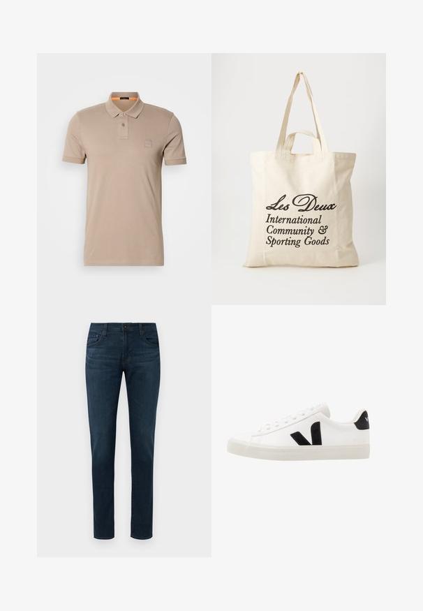 Beige puuvillane polo-särk, millel on kahe nupuga kaelus, lühikesed varrukad ja diskreetne logopatch rinnal. Krae sisekülg on oranž.; Tumedad sinise slim-fit teksad, viie taskuga, esipainiku ja lukuga kinnitamine, eksponeeritud valge tausta ees.; Valge nahast tennis, millel on mustast sametist detailid; omab kummist tallato, ümmargust nina ja klassikalist nööpidega kinnihoidmist. Külgmine logo musta värviga.; Bež puuvillane kott kahe tugeva käepidemega. Seal on must trükitud tekst: "Les Deux International Community & Sporting Goods."