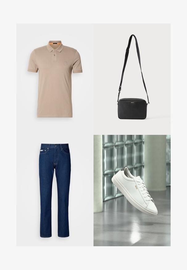 Beige puuvillane polo-särk, millel on kahe nupuga kaelus, lühikesed varrukad ja diskreetne logopatch rinnal. Krae sisekülg on oranž.; Tumed sinine teksapüksid, otse jalaga disainiga, millel on lõppkinnitus ja nööbid, viis taskut ning diskreetne õmblemise detail.; Valge nahast madala säärega tenniskingad paeltega, must kannaosa ja "BOSS" logo, hõljuvad siseruumis klaasplokkidest seina ja läikiva põranda lähedal.; Must ristkülikukujuline risti kandmise kott reguleeritava rihmaga ja ees BOSS logo, ühetoonilise heleda tausta ees.