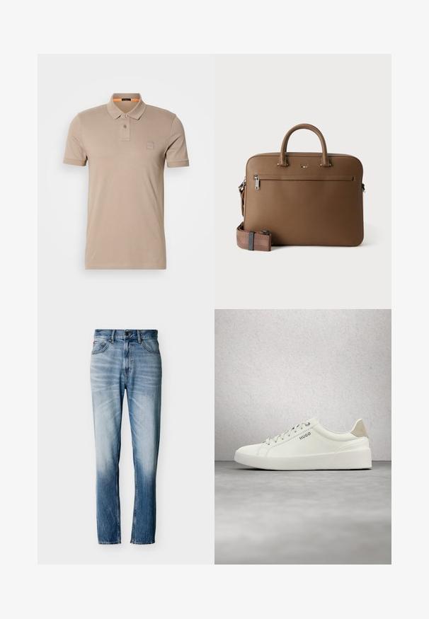 Beige polo shirt lavet af bomuld, med en placket med to knapper, korte ærmer og en subtil logo-patch på brystet. Indvendig krave i orange som accent.; Blå falmede jeans med lige ben, fem lommer, knaplukning og bæltestropper, vist fladt på hvid baggrund.; Hvid lav sneaker med snørebånd og beige hælflap med mærket "HUGO," svævende over en poleret betonflade nær en glasblokvæg.; Brun lædermappe med top håndtag, lomme foran med lynlås og aftagelig matchende skulderrem på hvid baggrund.