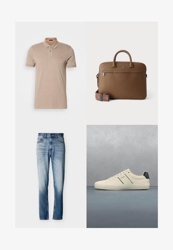 Beiges Polo-Shirt aus Baumwolle mit einer Knopfleiste mit zwei Knöpfen, kurzen Ärmeln und einem dezenten Logoschild auf der Brust. Innenkragen in Orange akzentuiert.; Blaue verwaschene Jeans mit geradem Bein, fünf Taschen, Knopfverschluss und Gürtelschlaufen, flach auf weißem Hintergrund ausgelegt.; Cremfarbene Sneaker mit glatter Oberfläche, die schwarze Akzente und Markenlogo aufweisen. Klassisches Schnürdesign mit runder Zehenform und Gummisohle.; Braune Leder-Aktentasche mit oberen Griffen, vorderer Reißverschlusstasche und abnehmbarem, passendem Schulterriemen auf weißem Hintergrund.