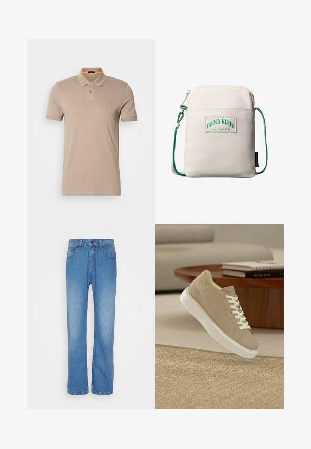 Polo beige de algodón, con un cierre de dos botones, mangas cortas y un discreto parche de logo en el pecho. Interior del collar acentuado en naranja.; Denim Project DPMMR LOOSE - Vaqueros holgados - blue denim wash; Zapatilla de ante beige con cordones blancos y suela blanca gruesa, flotando sobre una alfombra beige texturizada en una sala de estar moderna.; Bolso pequeño beige de bandolera con correa ajustable de cuerda verde, un bolsillo frontal con cremallera y un parche con el logo de Calvin Klein New York City.