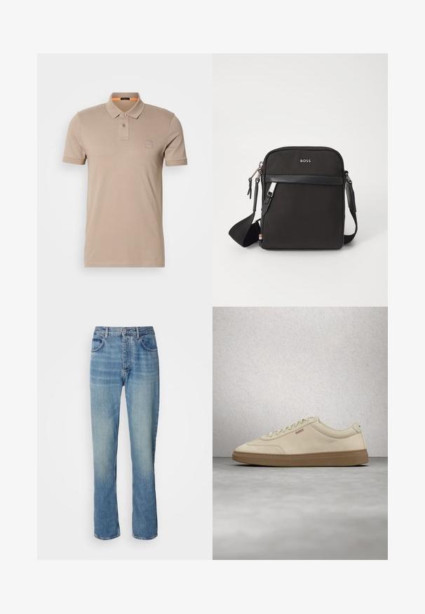 Beige polo shirt lavet af bomuld, med en placket med to knapper, korte ærmer og en subtil logo-patch på brystet. Indvendig krave i orange som accent.; Lyseblå straight-leg denim jeans med høj talje, frontknap, lynlås lukning og fem-lomme design.; Lyse beige ruskindssneaker med gummisål i farven gum, tydelige snørebånd og fine syningsdetaljer. Ren design med et minimalistisk æstetisk udtryk.; Sort crossbody taske med et struktureret stof, logo på fronten, lynlås lukning og justerbar rem. Har en glat læderkant.