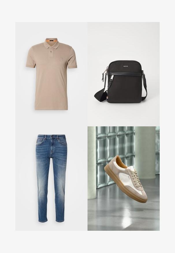 Beiges Polo-Shirt aus Baumwolle mit einer Knopfleiste mit zwei Knöpfen, kurzen Ärmeln und einem dezenten Logoschild auf der Brust. Innenkragen in Orange akzentuiert.; Blaue Jeans aus Denim mit geradem Bein, leichter Ausbleichung, klassischer Fünf-Taschen-Stil und einem Reißverschluss mit Knopfverschluss.; Beiger und weißer Sneaker mit brauner Sohle und „BOSS“-Logo, schwebend über einem reflektierenden glatten Boden mit Wand aus Glasbausteinen im Hintergrund.; Schwarze Umhängetasche aus strukturiertem Stoff, mit Logo auf der Vorderseite, Reißverschluss und verstellbarem Tragegurt. Verfügt über eine glatte Lederbesatz.
