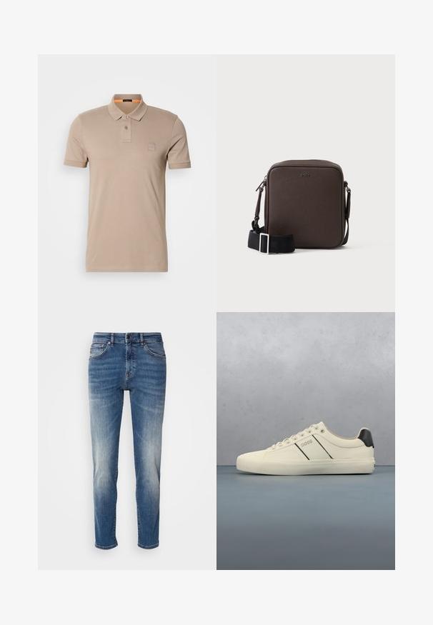 Polo beige de algodón, con un cierre de dos botones, mangas cortas y un discreto parche de logo en el pecho. Interior del collar acentuado en naranja.; Jeans de mezclilla azul con un diseño de pierna recta, ligero desgastado, estilo clásico de cinco bolsillos y cierre de cremallera con botón.; Zapatillas de color crema con una textura suave, que presentan acentos y marcas en negro. Diseño clásico de cordones con punta redonda y suela de goma.; Bolso bandolera compacto de cuero marrón con correa negra ajustable y hebillas plateadas, con el logo BOSS en relieve en el centro frontal.
