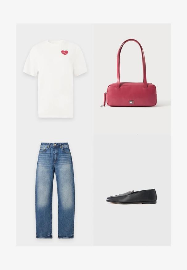 Hvid bomulds t-shirt med et rosa hjerteformet grafisk design med ordet "Hugs" i kursiv. Korte ærmer og afslappet pasform.; Blå denimjeans med en lige pasform, falmet finish, messingknap og design med fem lommer. Søm og lommer er dekoreret med syning.; Sorte læderloafers med en glat tekstur, rundet tå og subtile syningsdetaljer. Har en guldfarvet logoaccent på oversiden.; Lyserød læderhåndtaske med rektangulær form, dobbelte håndtag og en lille metalemblem på fronten, med en glat, blank tekstur.