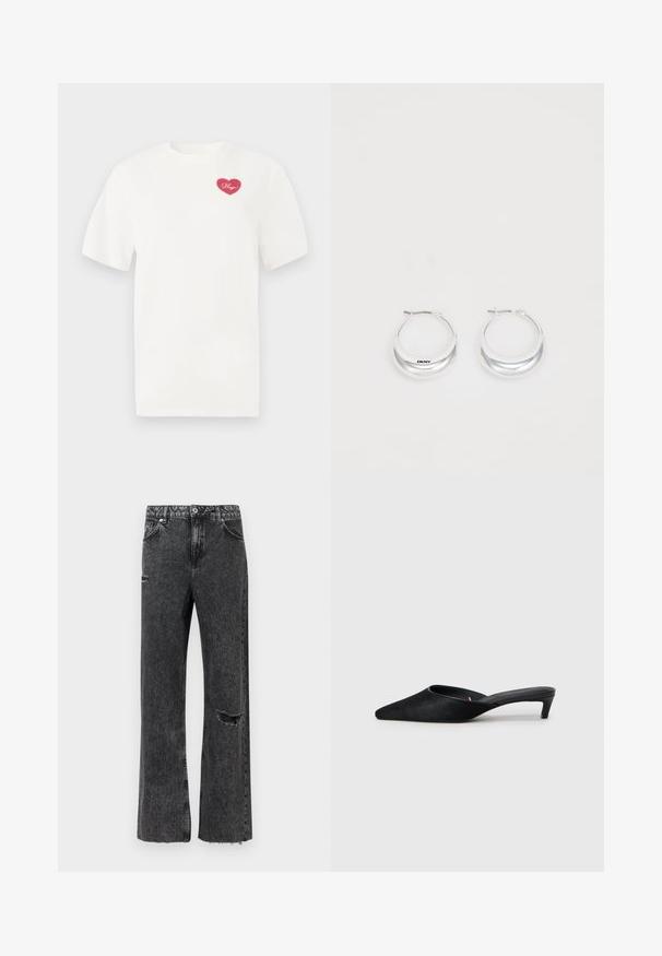 Hvid bomulds t-shirt med et rosa hjerteformet grafisk design med ordet "Hugs" i kursiv. Korte ærmer og afslappet pasform.; Vidbenede jeans i vasket sort denim med detaljeret slid ved knæet, opskåret kant og standard knapgylp med lommer.; Sorte suedeslippers med spids tå og lav hæl. Har en glat tekstur og åben ryg for nem påklædning. Simpelt design uden mønstre.; Sølv hoops øreringe med en poleret overflade og DKNY branding, præsenteret mod en simpel hvid baggrund.