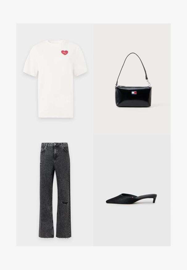 Hvid bomulds t-shirt med et rosa hjerteformet grafisk design med ordet "Hugs" i kursiv. Korte ærmer og afslappet pasform.; Vidbenede jeans i vasket sort denim med detaljeret slid ved knæet, opskåret kant og standard knapgylp med lommer.; Sorte suedeslippers med spids tå og lav hæl. Har en glat tekstur og åben ryg for nem påklædning. Simpelt design uden mønstre.; Sort rektangulær skuldertaske med kort rem og Tommy Jeans-logo i rød, hvid og blå på fronten i midten.