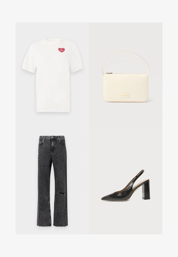 Hvid bomulds t-shirt med et rosa hjerteformet grafisk design med ordet "Hugs" i kursiv. Korte ærmer og afslappet pasform.; Vidbenede jeans i vasket sort denim med detaljeret slid ved knæet, opskåret kant og standard knapgylp med lommer.; Sort læder peep-toe slingback sko med høj blokhæl og beige indvendig foring mod en ensfarvet lys baggrund.; Kremfarvet rektangulær håndtaske med en enkelt rem og lynlås øverst, med en lille præget logo-plakette foran.