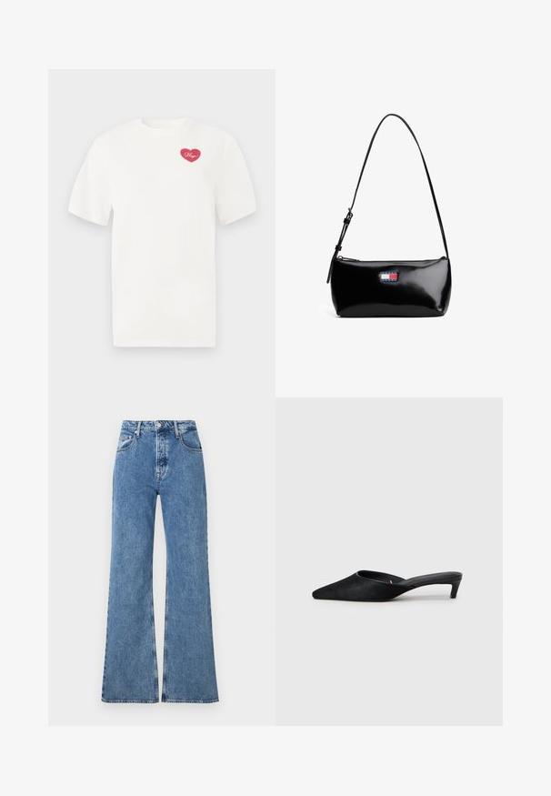 Witte katoenen t-shirt met een roze hartvormige graphic en het woord "Hugs" in cursief. Korte mouwen en een ontspannen pasvorm.; Blauwe denim flared jeans met een hoge taille, voorzien van zijzakken en stikdetails. De stof heeft een licht gestructureerde afwerking.; Zwarte suède muilen met een spitse neus en een lage hak. Heeft een gladde textuur en een open achterkant voor gemakkelijk aan- en uittrekken. Eenvoudig ontwerp zonder patronen.; Zwarte gepatineerde leren schoudertas met een gebogen schouderband, ritssluiting en een rechthoekig logo-opdruk in rood, wit en blauw.