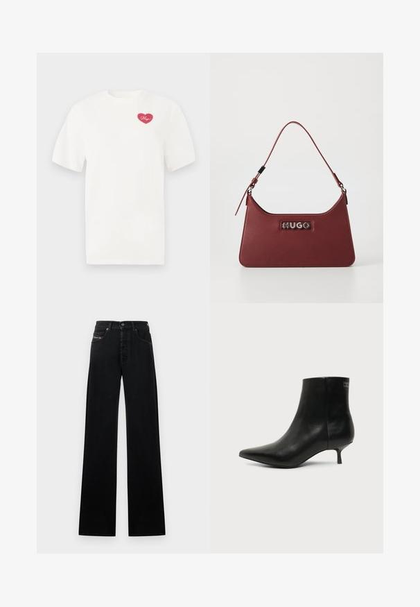 Weißes Baumwoll-T-Shirt mit einem pinkfarbenen herzförmigen Grafik und dem Wort "Hugs" in Schreibschrift. Mit kurzen Ärmeln und lässiger Passform.; Schwarze Jeans mit weitem Bein aus Denim, mit einem vorderen Knopfverschluss, fünf Taschen und einem kleinen Logopatch am Bund.; Schwarzer Leder-Knöchel-Stiefel mit spitzer Spitze und niedrigem Kittenabsatz vor hellem Hintergrund, seitliche Ansicht.; Kleine rechteckige burgunderfarbene Lederhandtasche mit verstellbarem Riemen und silberner "HUGO"-Logoplatte auf der Vorderseite.