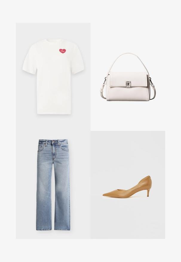 Hvid bomulds t-shirt med et rosa hjerteformet grafisk design med ordet "Hugs" i kursiv. Korte ærmer og afslappet pasform.; Lyseblå, højtaljede jeans med lige ben, lukkes foran med knap og lynlås, har lommer foran og bagpå samt diskret falmet detaljering.; Spids-tå tan læderpumpe med lille hæl, der har et udskåret design på siden for ekstra detaljer og glat tekstur.; Hvid tekstureret læderhåndtaske med topgreb, klaplukning, sølv firkantet logolås og aftagelig skulderrem.